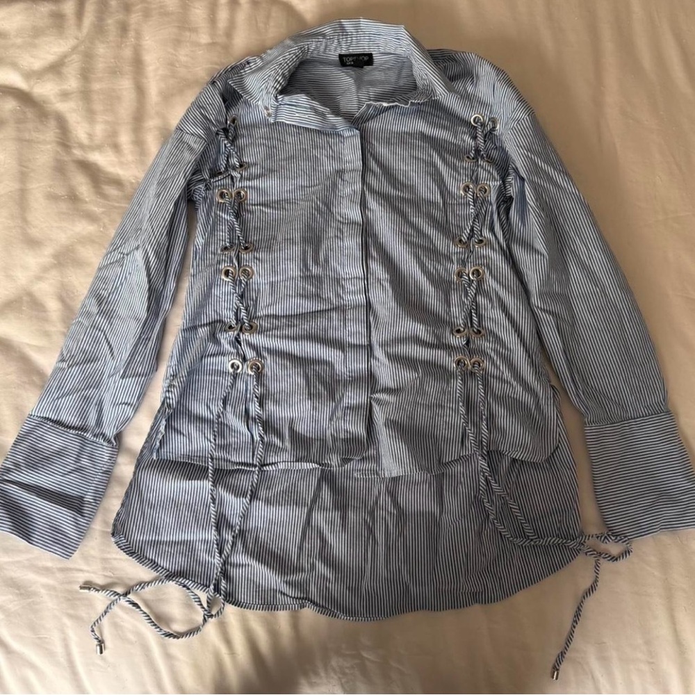 Topshop oversized blue and white striped button up shirt with  cute lace detail